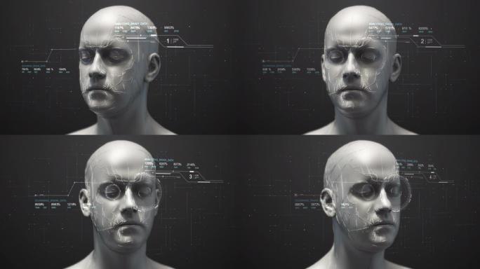 仿生机器人头用平视显示器数据缓慢旋转-3D 4k动画