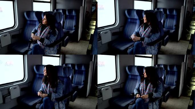 坐火车旅行的年轻女子