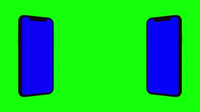 两个黑色智能手机在绿色背景上打开。易于定制的蓝屏。计算机生成的图像。