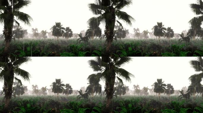 热带降雨期间绿色丛林的全景。绿色丛林树木和棕榈树，雾和热带雨。旅行的概念。美丽的循环3D动画。