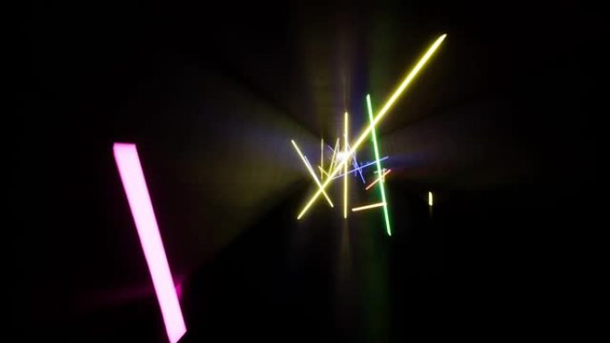 荧光紫外光，发光霓虹灯线，隧道内向前移动，蓝色粉色光谱，现代彩色照明4k
