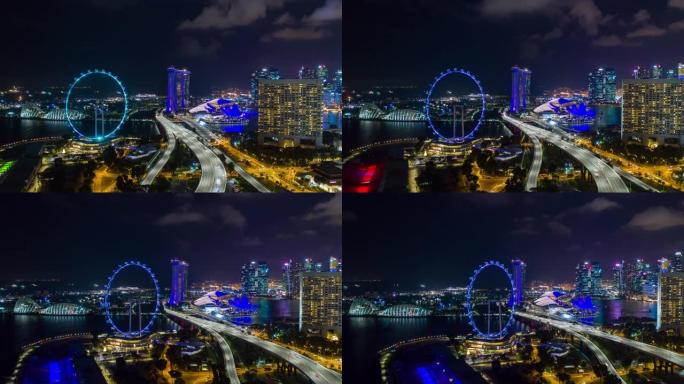 夜间照明新加坡城市景观交通道路传单航空全景4k延时