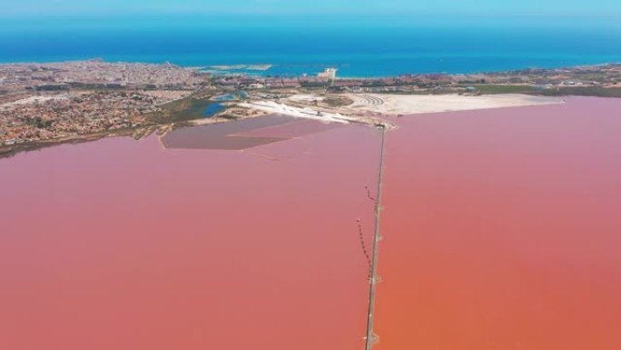 粉红色盐海水蒸发池的鸟瞰图