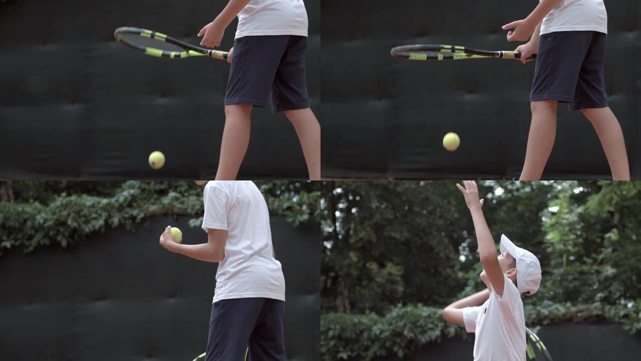 雄心勃勃的坚定网球运动员少年女孩专注于比赛，并在空中球场上击球