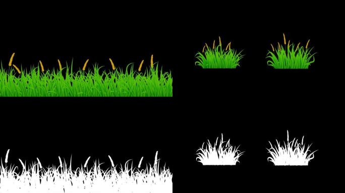摇曳绿草和风中的花朵用阿尔法哑光10秒无缝循环动画