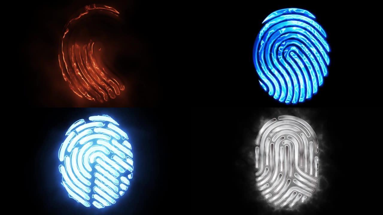 指纹动画彩色霓虹灯阿尔法哑光触摸ID未来数字处理生物测量扫描仪概念。安全，移动应用程序或智能手机解锁