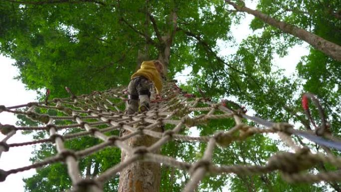 穿着安全带的小男孩在森林冒险公园的树梢上攀登。他爬上高高的绳索小径。户外娱乐中心，为成人和儿童提供爬