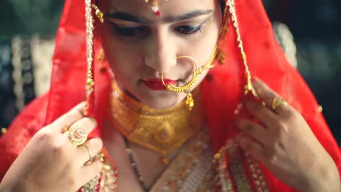 穿着传统服装的美丽印度教新娘看着镜头。