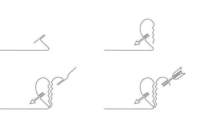 两半破碎的心与箭头在一个连续线黑色的风格。自绘图。运动图形