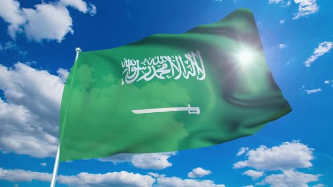 带有织物结构的沙特阿拉伯国旗在多云的天空中 (可循环)