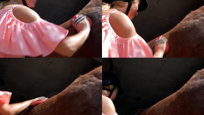 一个戴着特殊刷子的骑乘头盔的女孩的特写镜头，梳理着他的棕色小马。4k. 4k视频
