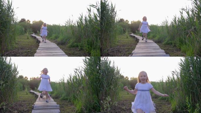 开朗的小男孩和朋友女孩在绿草丛中玩耍追赶并在自然的木桥上奔跑