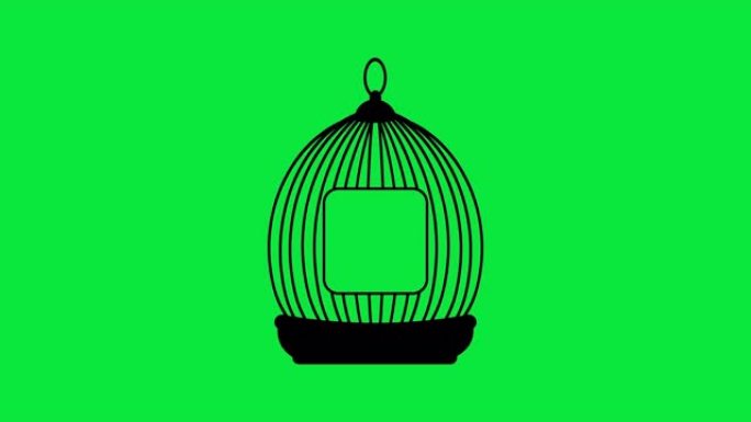 在绿色屏幕上播放的鸟笼动画。简单的平面线性风格。绿色背景上的笼子。4 k。