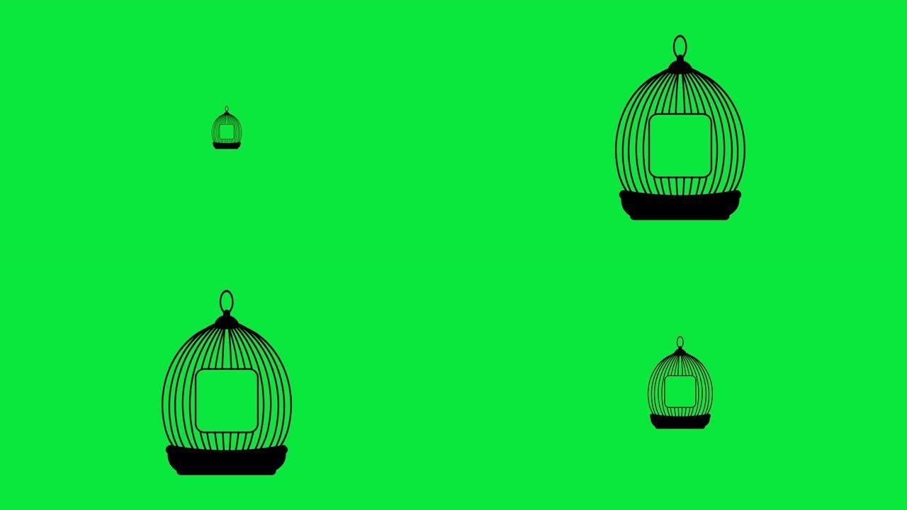 在绿色屏幕上播放的鸟笼动画。简单的平面线性风格。绿色背景上的笼子。4 k。