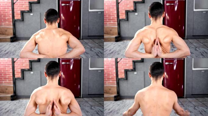 肌肉强健的男性在背后做合十礼手势，显示拉伸中等近距离