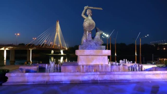 华沙美人鱼喷泉夜晚
