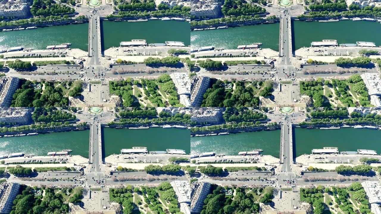 从巴黎埃菲尔铁塔到埃纳桥和夸布兰利街的空中视点。塞纳河和特罗卡德罗的景色