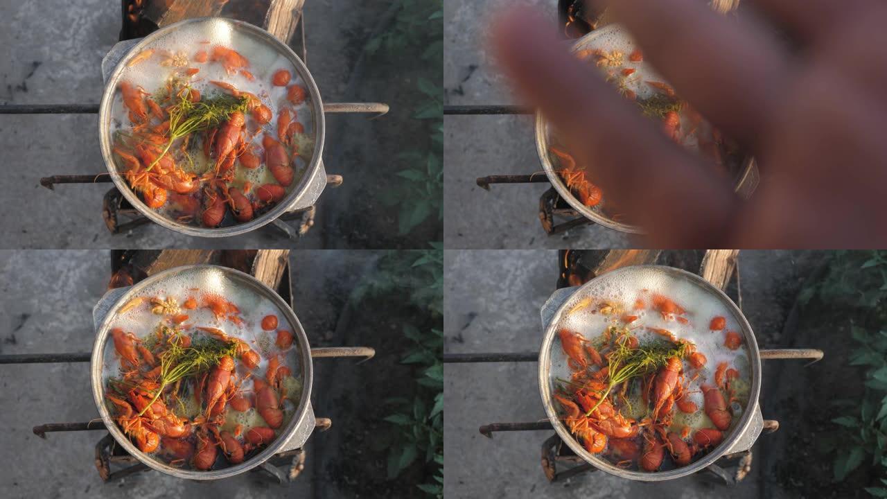 小龙虾在水中煮香料和香草。热煮小龙虾。龙虾特写。顶视图。