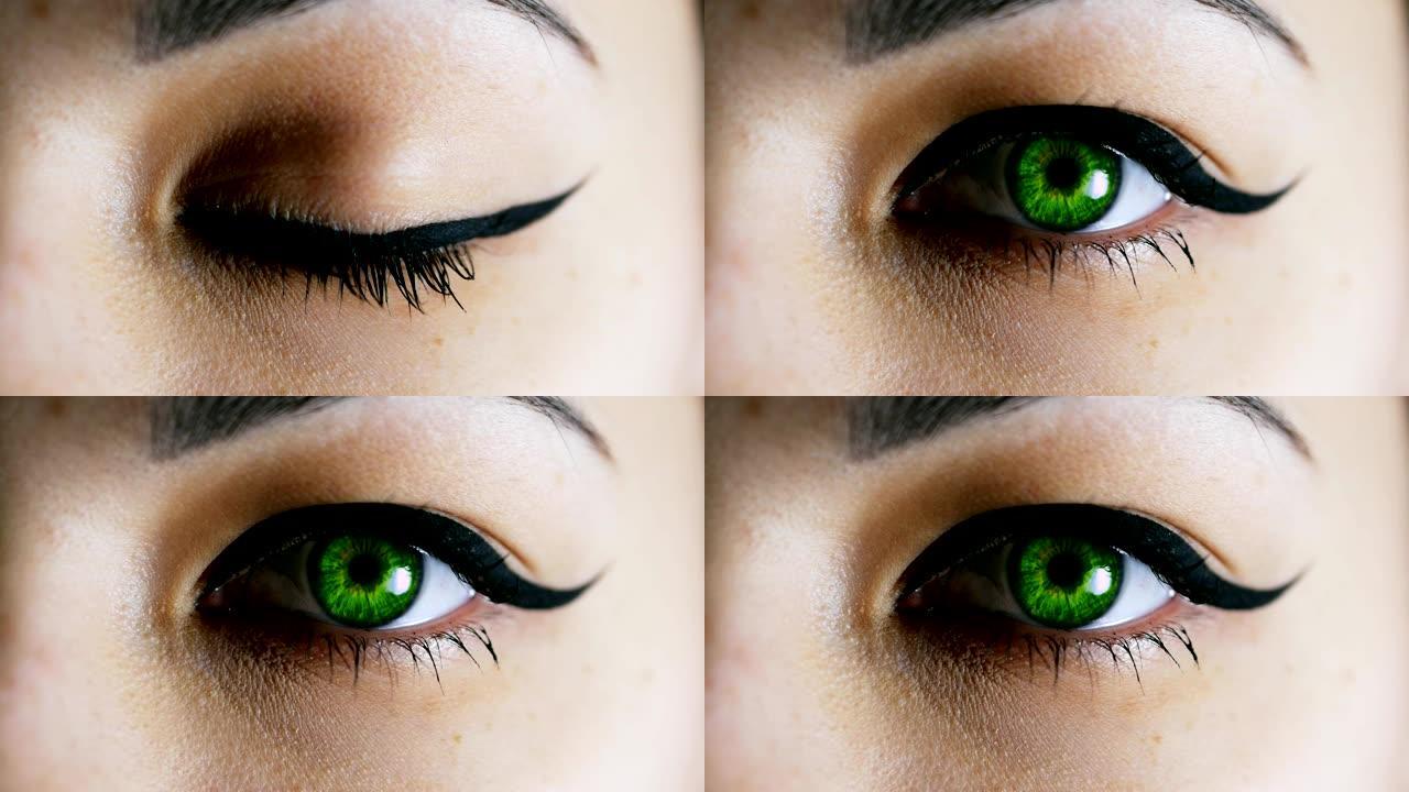 眼虹膜收缩，女性绿眼瞳孔放大