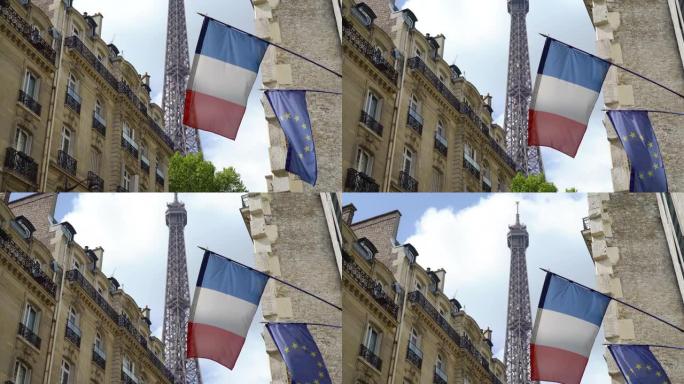法国国旗和埃菲尔铁塔的景色