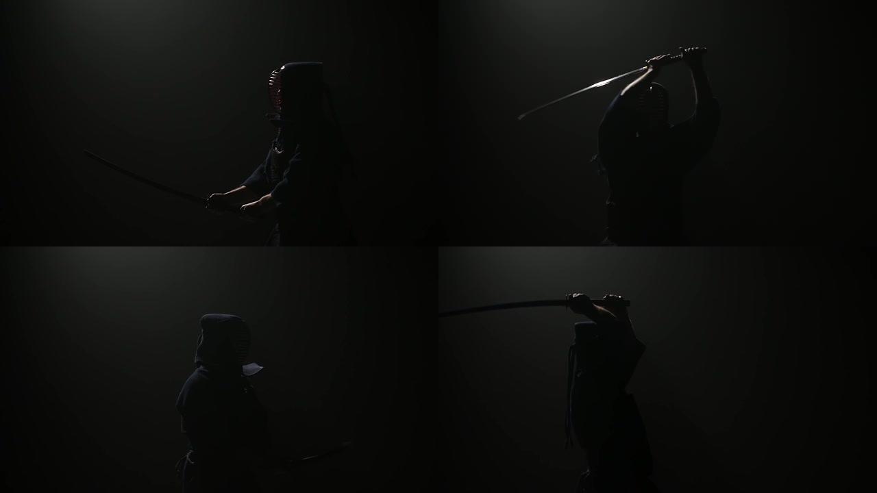 经验丰富的剑道大师用武士刀练习武术。慢动作