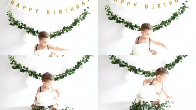 小男婴，与smash cake party庆祝他的第一个生日