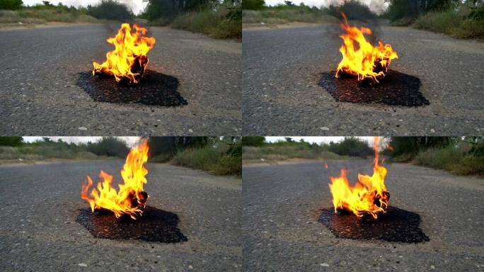 一双女鞋在空旷的道路上着火