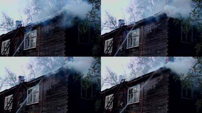 扑灭一栋旧木屋的燃烧。