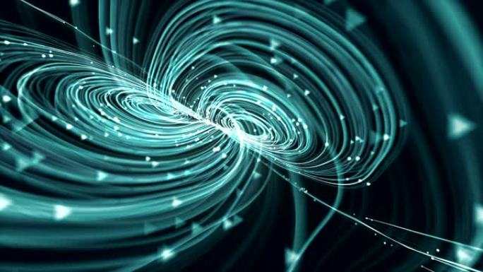 催眠波浪形绿色环在黑暗背景上，带有白色运动发光元素。抽象的未来数字艺术。计算机生成的循环动画。景深。