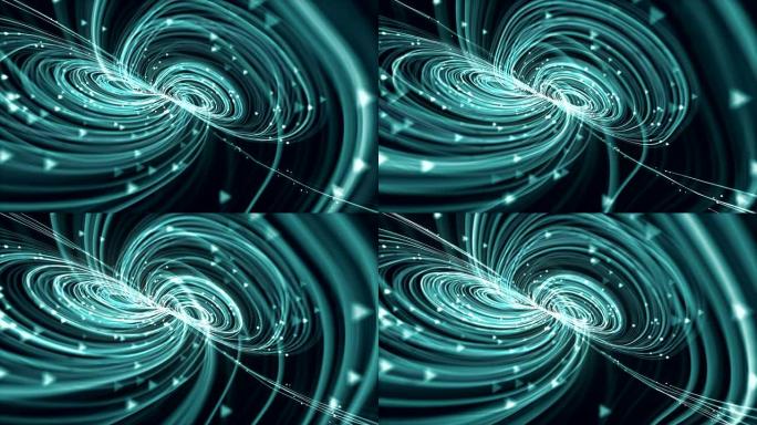 催眠波浪形绿色环在黑暗背景上，带有白色运动发光元素。抽象的未来数字艺术。计算机生成的循环动画。景深。