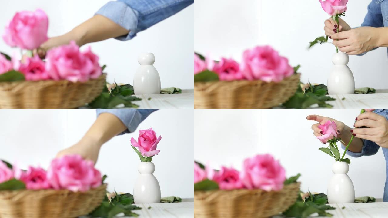 女孩快乐地把粉红玫瑰放进白色花瓶里
