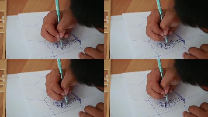 亚洲手拉儿童学生画故事板卡通漫画人物，在小学私人教室用纸质布局进行创造性讲故事。教育学习理念中的爱好