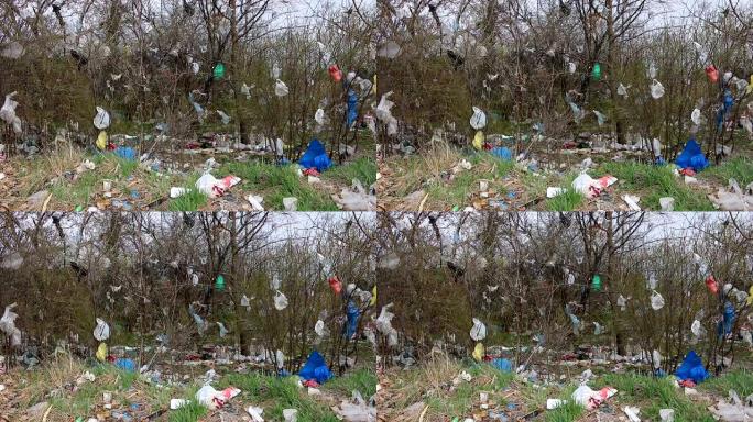 树枝上的塑料袋和地面环境污染