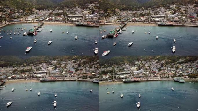 美丽的阿瓦隆镇、卡特琳娜岛码头、卡特琳娜赌场和码头的无人机剪辑