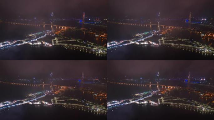 夜间照明澳门著名塔交通湾空中全景4k中国