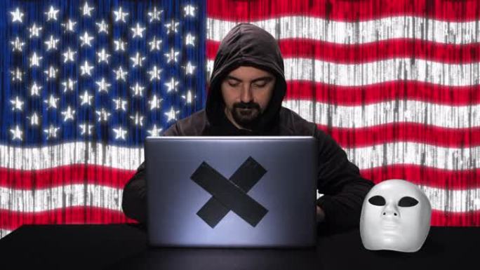 黑客键入代码黑客在他的笔记本电脑与美国国旗代码动画覆盖的背景