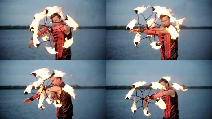 火炬表演的人。慢动作