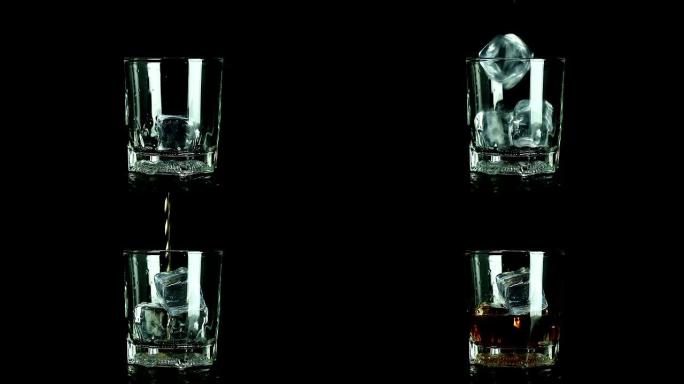 在深色背景上的空玻璃杯中填充冰块和威士忌。酒吧柜台的威士忌饮料。