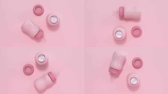 粉色蜡笔场景抽象运动3d渲染婴儿奶瓶