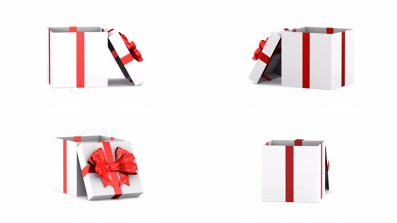 打开白色礼品盒，白色背景上有红色蝴蝶结。孤立的3D渲染