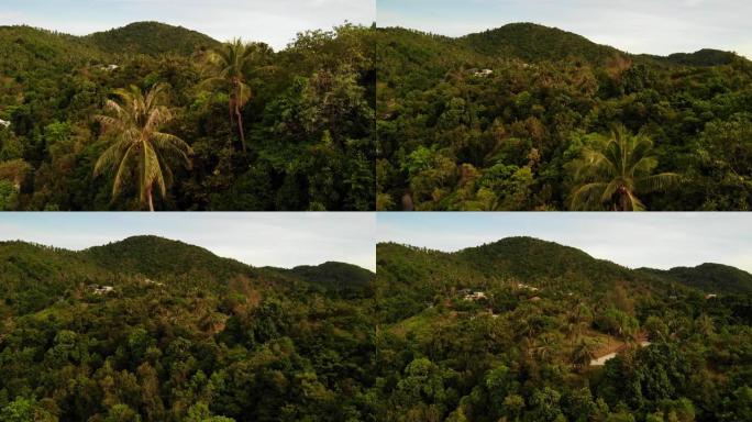 绿山脊上的别墅。雄伟的无人机景观豪华别墅位于热带天堂异国岛上的绿色山脉。