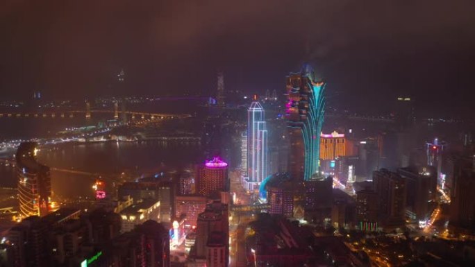 夜间照明澳门城市著名酒店区海湾航空全景4k中国