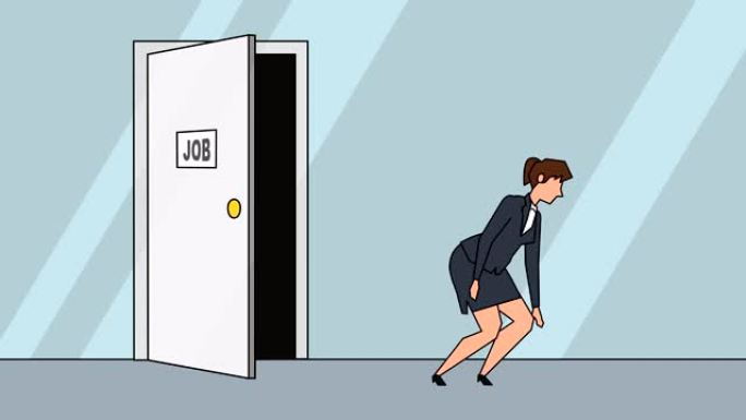 平面卡通女商人角色被踢出工作门商业概念动画