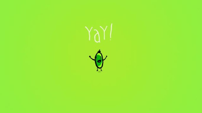 欢快而快乐的虚构手绘绿色卡通人物看起来像橄榄跳跃，跳舞，在绿色背景上庆祝幸福的喜悦可循环的4k动画逐