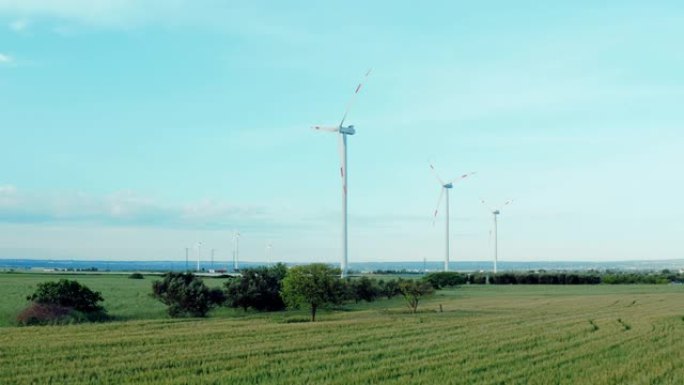 大自然中大型风力涡轮机的空中拍摄。环境友好，可持续发展，Eko可再生能源。
