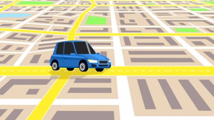 卡通蓝色汽车穿越城市地图导航与汽车维修店标志动画