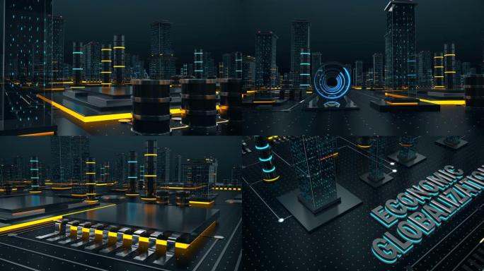 具有概念经济全球化的3D动画未来数字城市