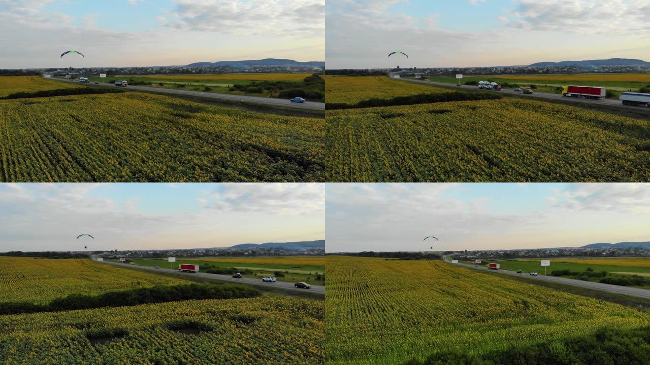 摩托降落伞在日落时分沿着向日葵球场上方的道路飞行