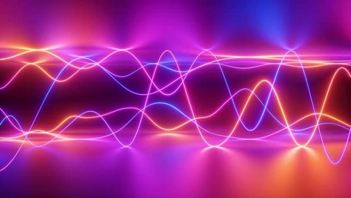 抽象霓虹灯波浪线背景，信号图，均衡器，数字音轨，激光表演，冲动功率，能量，反射，混沌波，循环动画