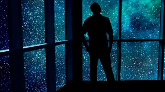 在这个抽象的概念中，一个剪影的人站在窗户前，俯瞰着繁星点点的外太空场景。